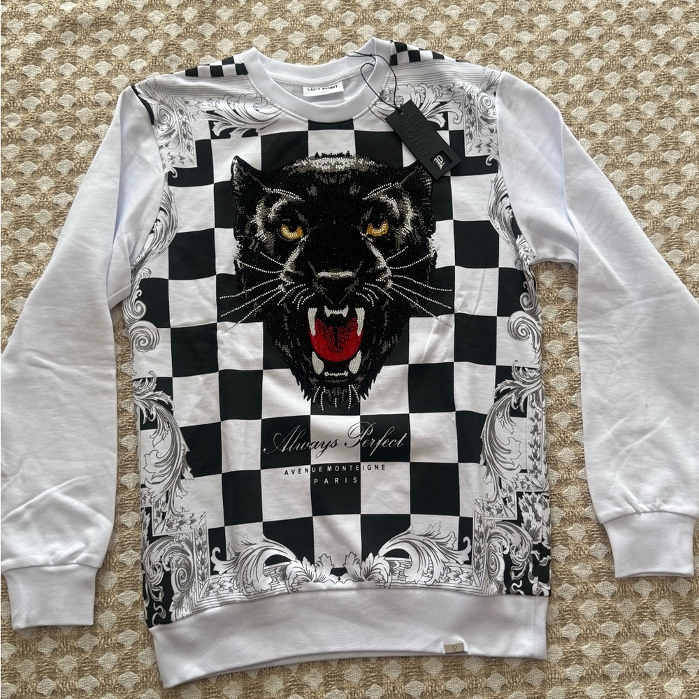 Left Point Rhinestone Panther Sweatshirt Black White Checker Luxury Size M NWT